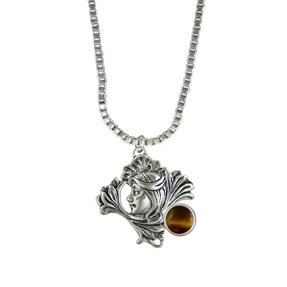 Sterling Silver Woman Maiden of the Lotus Flower Pendant Necklace With Tiger Eye